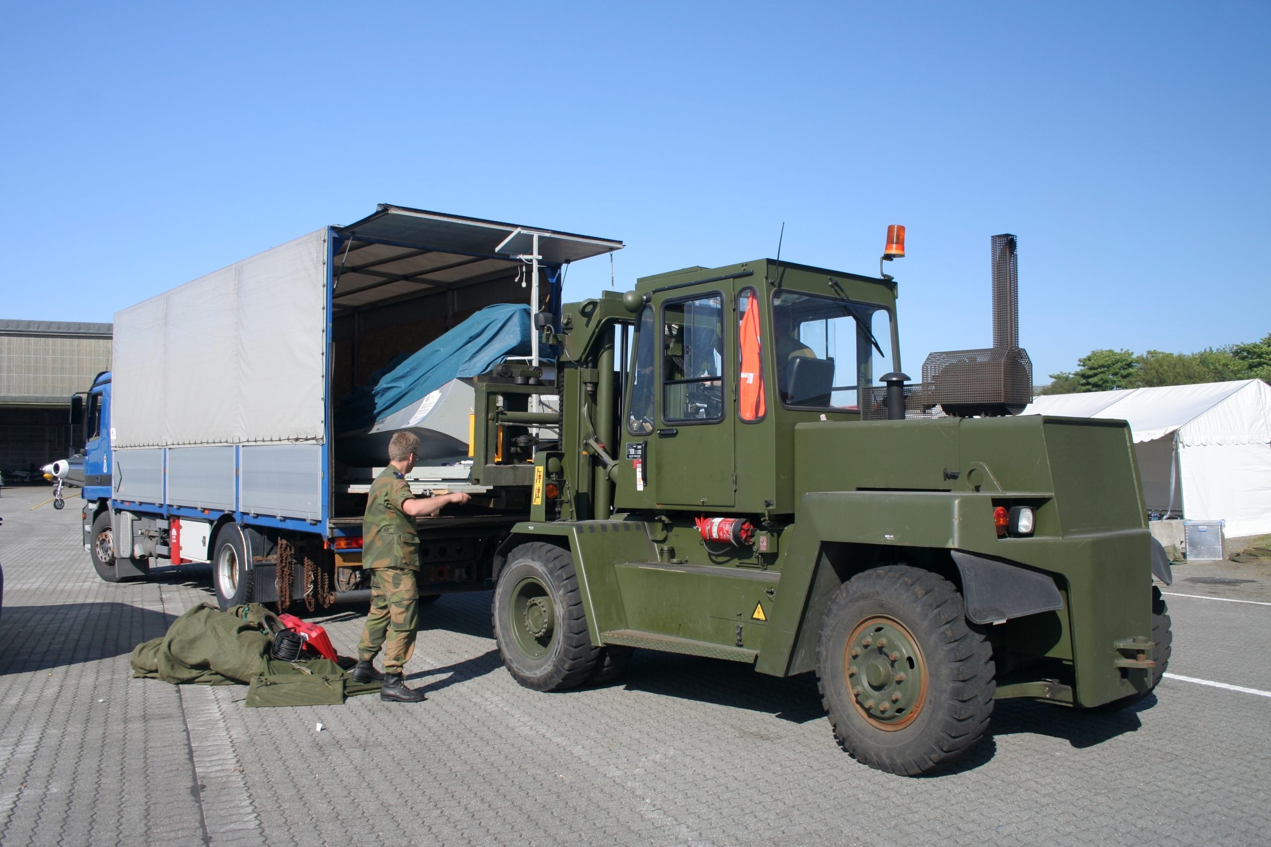 Big,Military,Forklift,Loading,A,Truck